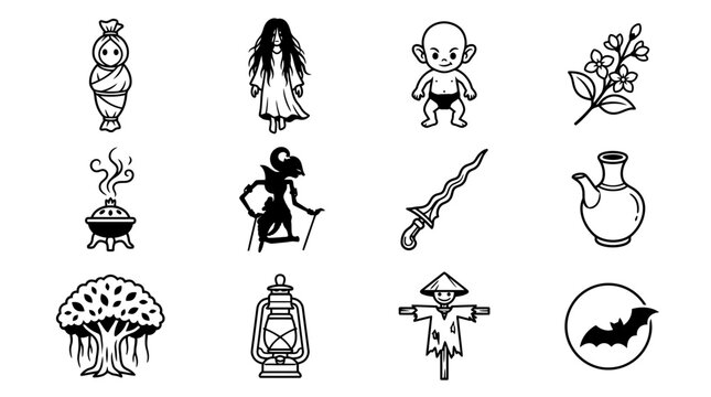 Indonesian folklore icons set featuring ghosts kris dagger and