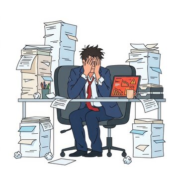 Stressed businessman overworked with piles of paper