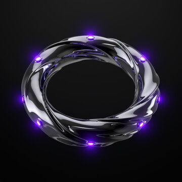Liquid chrome cybernetic torus ring with glowing ultraviolet nodes