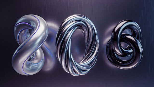 Three abstract metallic sculptures with twisted and interlocking shapes in silver and blue tones set against a dark background, with light streaks