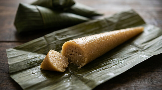 Traditional Filipino sticky rice cake unwrapped on a banana leaf and sliced to reveal its soft chewy texture