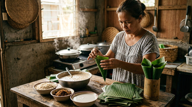 Woman hand wrapping traditional Filipino rice cake mixture in banana leaves inside a rustic home kitchen