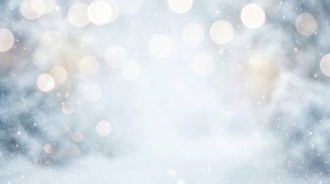A beautiful, soft-focused christmas winter scene featuring shimmering golden and white bokeh lights against a serene light blue blurred background, perfect for festive celebrations.
