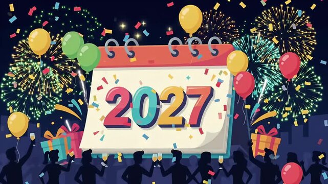 2027 calendar year countdown party with firework celebration, 2d motion graphic background
