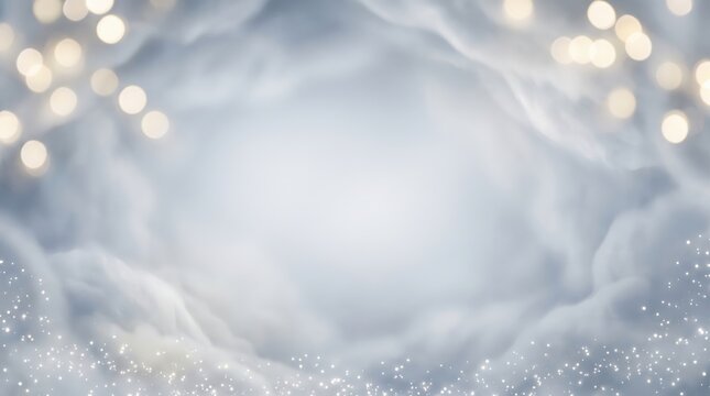 A serene christmas winter blurred background features soft white clouds and sparkling snow, illuminated by warm golden bokeh lights, creating a magical festive atmosphere.