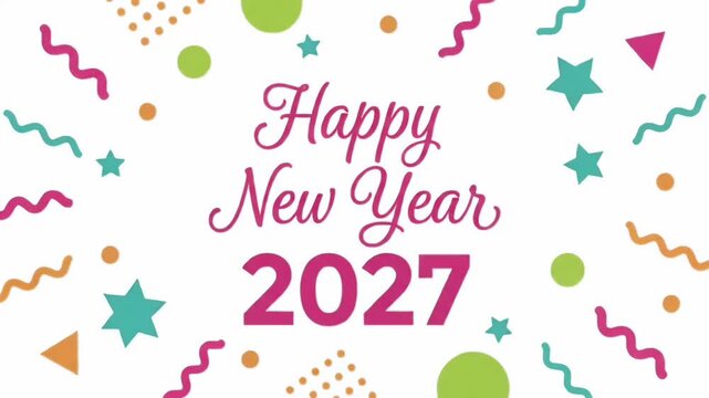 Happy New Year 2027 celebration greeting card with confetti, 2d motion graphic background
