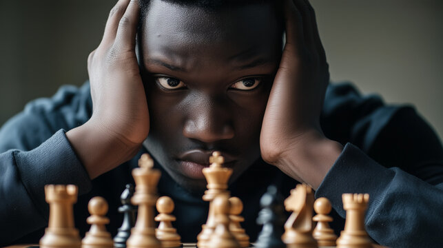 A young man holds his head in his hands and studies a chessboard indoors, focusing on the pieces during a game at an unspecified time.