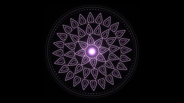 Pink violet mandala bloom seamless loop isolated on black background, 4K VFX element
