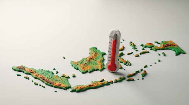 El Nino-powered dry Indonesia map crafted from clay with a large red and white thermometer highlighting extreme heatwave and drought conditions