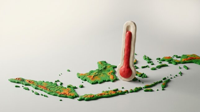 El Nino-powered dry Indonesia map crafted from clay with a large red and white thermometer highlighting extreme heatwave and drought conditions