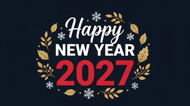 Happy New Year 2027 greeting card with golden wreath, motion graphic background loop
