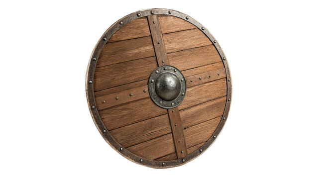 An ancient medieval round wooden warrior shield iron rim isolated on transparent background