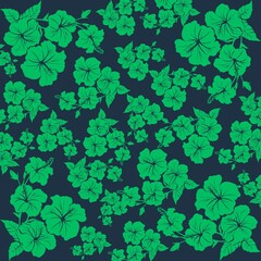 Green hibiscus flowers and tropical leaves seamless pattern on dark navy blue background, Hawaiian botanical vector illustration wallpaper texture visual. © Laiba