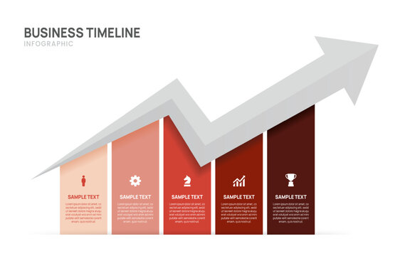 Business Growth Infographic Timeline Template with 5 steps bar chart upward arrow, success roadmap, icons and presentation elements vector illustration.