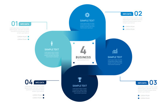 Venn diagram infographic chart template for business 4 circle parts, presentation with icon elements vector illustration.