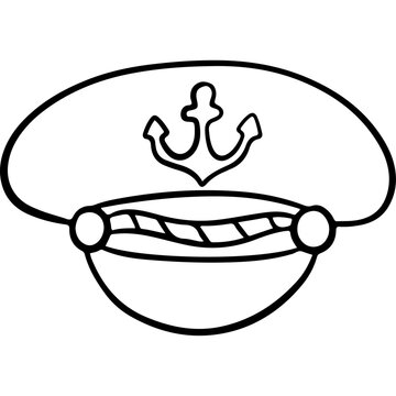 Sailor captain hat with anchor symbol line art vector illustration, marine captain cap doodle