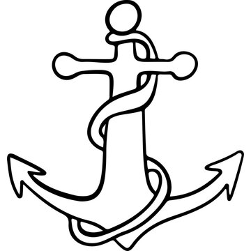Ship anchor with rope line art vector illustration, nautical sea anchor doodle