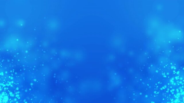 4K Blue Bokeh Particle Burst Background Animation with Glowing Cyan Light Sparks Rising from Bottom Corners, Vibrant Blue Gradient and Clean Center Copy Space