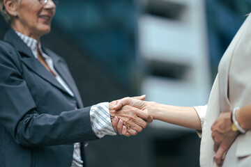 Businesswomen shaking hands, showing partnership, cooperation, and agreement in a corporate setting © pablo