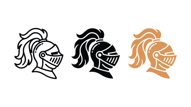 Knight helmet icon set, medieval armor, warrior emblem, historical warfare. In varied graphic styles with medieval.