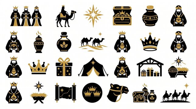 Three wise men and christmas nativity scene black and gold icon collection.