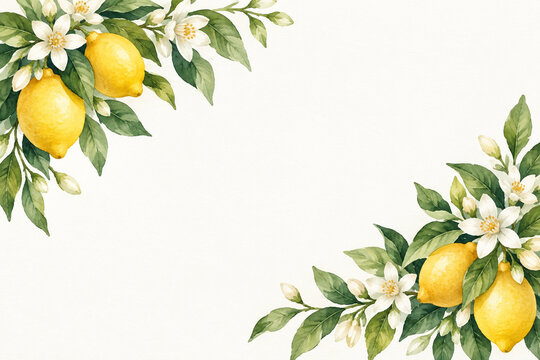 Watercolor citrus and blossom wedding border