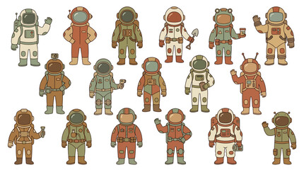 Collection of diverse cartoon astronauts in various suits and poses, ready for space exploration. © Elina