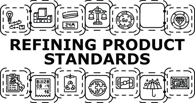 Refining product standards banner infographic. Improvement specification, approval consistency, refinement compliance icon vector illustration