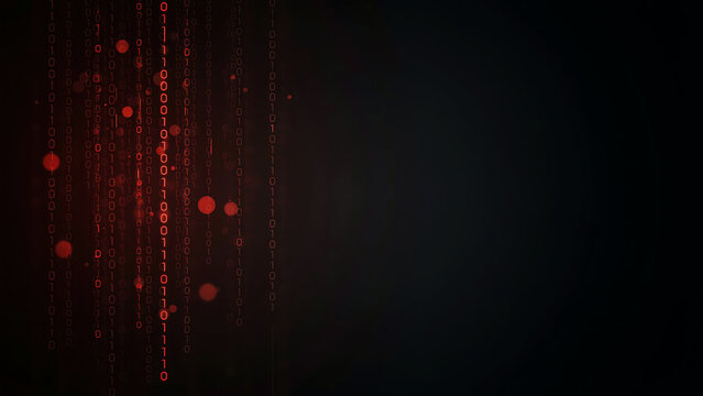 Digital abstract background featuring glowing red binary code elements on transparent surface