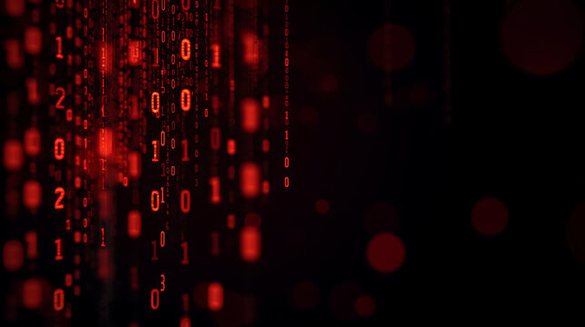 Digital binary code matrix glowing with red light effects background design