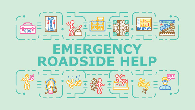 Emergency roadside help banner infographic. Tire flatbed, jumpstart repair, assistance mechanic icon vector illustration