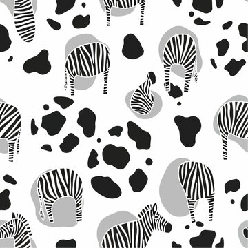 Whimsical seamless pattern featuring stylized zebras and cow spots on a white background