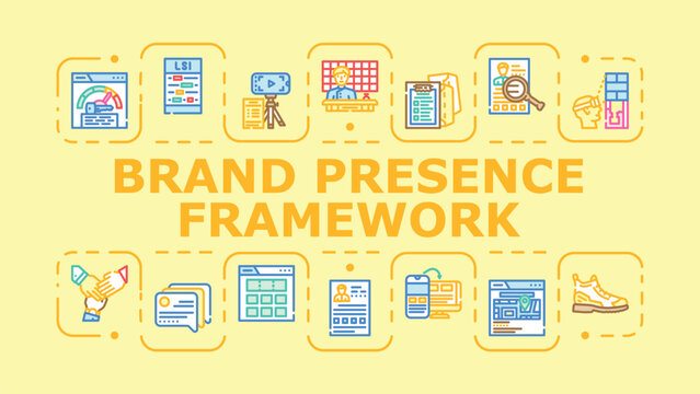 Brand presence framework banner infographic. Engagement identity, messaging positioning, trust recognition icon vector illustration