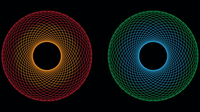 Abstract geometric spirograph pattern rings in vibrant colors on a deep black background.