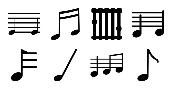 Black musical notes and rhythm icons set - Six black musical symbols including notes, rests, and rhythm marks in clean, bold style.