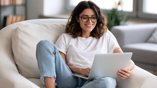 Smiling young woman in glasses sitting in comfortable armchair and working on laptop at home