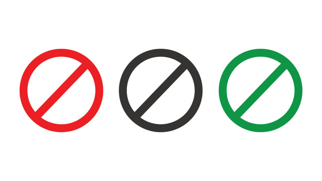 Red, green and black prohibition signs or no symbol icons, restricted access, safety warning, traffic regulations, clean vector graphics for public signs and hazard prevention