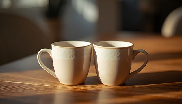 Two Ceramic Coffee Cups on a Wooden Table