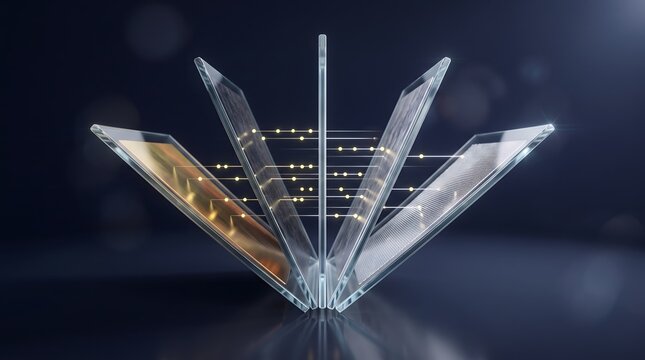 Layered glass panels visualize digital data. Transparent screens fan out information lines. Futuristic multilayer technology architecture concept