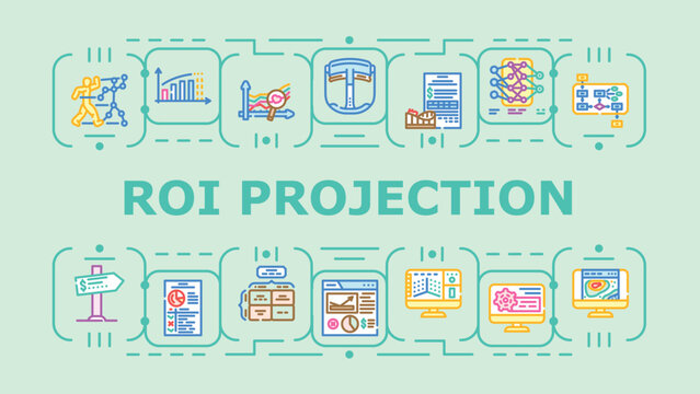 Roi projection banner infographic. Return valuation, modeling metrics, investment estimate icon vector illustration