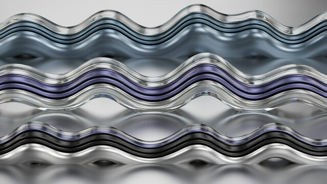 Abstract 3d render of three parallel wavy metallic ribbons with blue and black gradients on a smooth grey reflective studio background surface