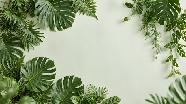 A vibrant arrangement of lush tropical monstera leaves creates a natural frame around a bright white area perfect for text or design elements