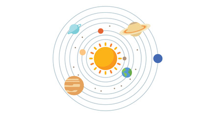 Solar system illustration depicts planets orbiting a central star on a white background © Oli