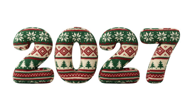 2027 year number with festive christmas sweater pattern isolated on transparent background