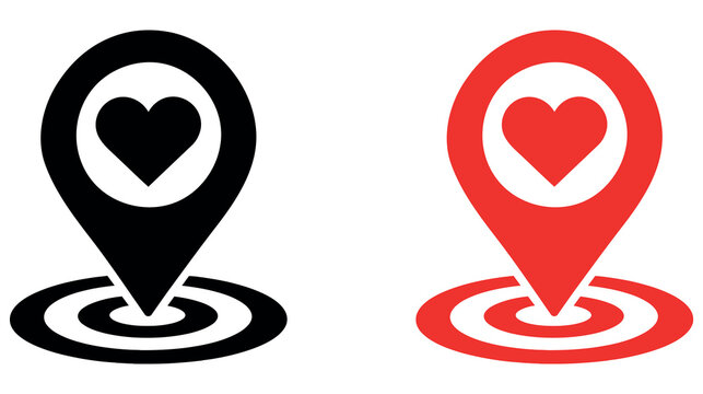 Heart map pin location target icons in black and red style for travel and romance concepts.