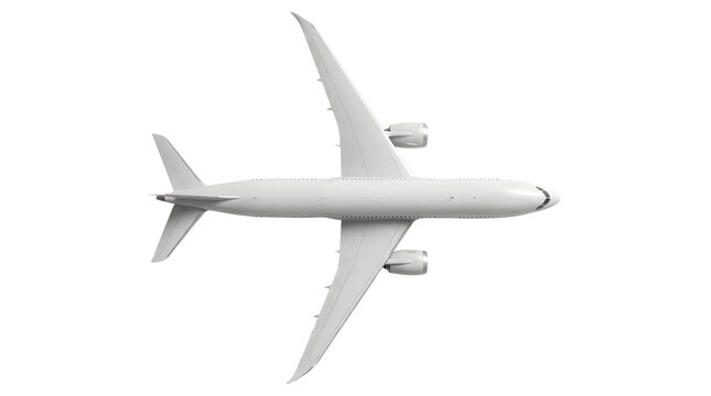 Precise top-down view of a modern white twin-engine commercial passenger airliner isolated against a solid white background, clearly displaying its fuselage, swept wings, engines, and tail assembly
