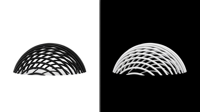 Semicircular dome structure made of parallel curved lines, split screen with black and white backgrounds, 3d rendered minimalist geometric shape