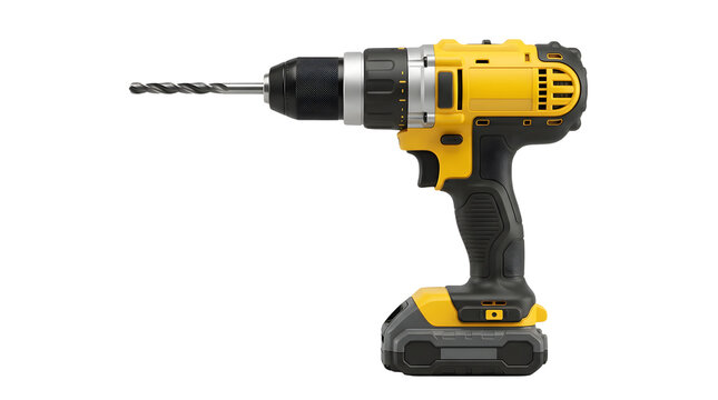 Side profile view of a yellow and black cordless power drill featuring a metallic twist drill bit mounted in the black chuck, resting on its rechargeable battery pack against a solid white background
