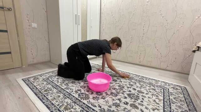 Lady diligently washing floor covering carefully. Woman kneels on mat scrubbing with sponge using mild soap. Female is kneeling on carpet meticulously washing it with soft sponge and gentle detergent