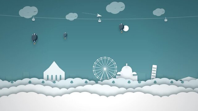 An illustration featuring a stylized urban skyline adorned with hot air balloons and clouds